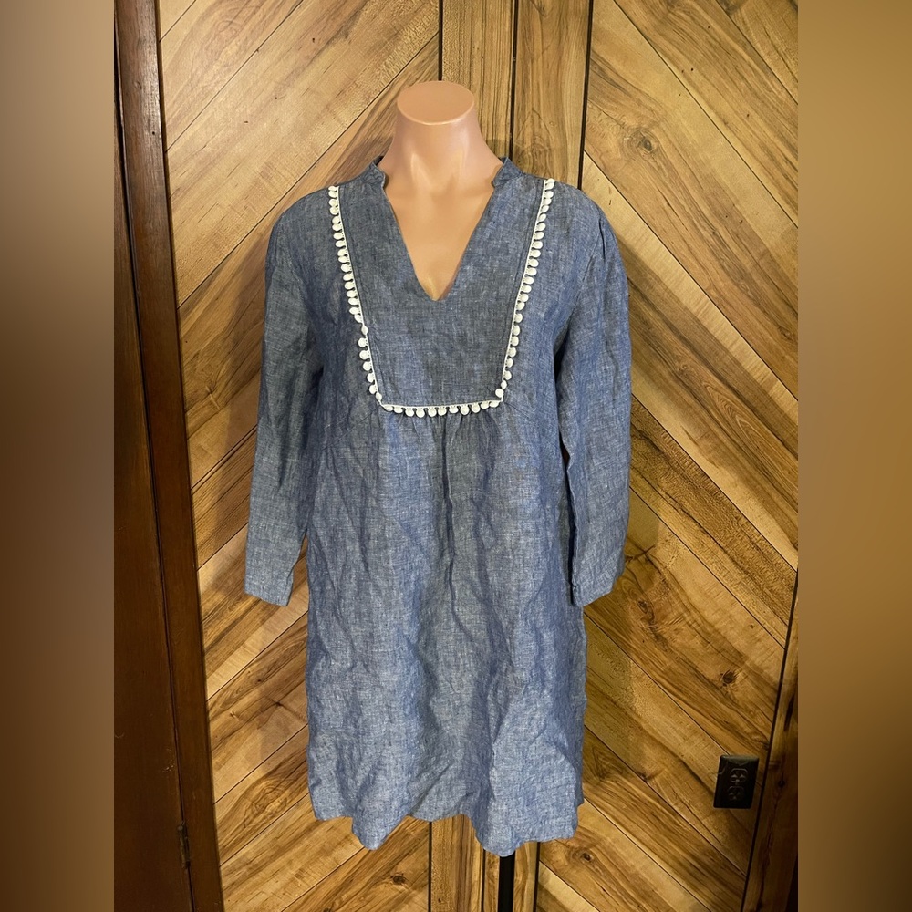 Boden Evangeline Pure Linen Tunic Dress Women's 10R Light Blue Pom Pom Cover Up - Picture 3 of 8